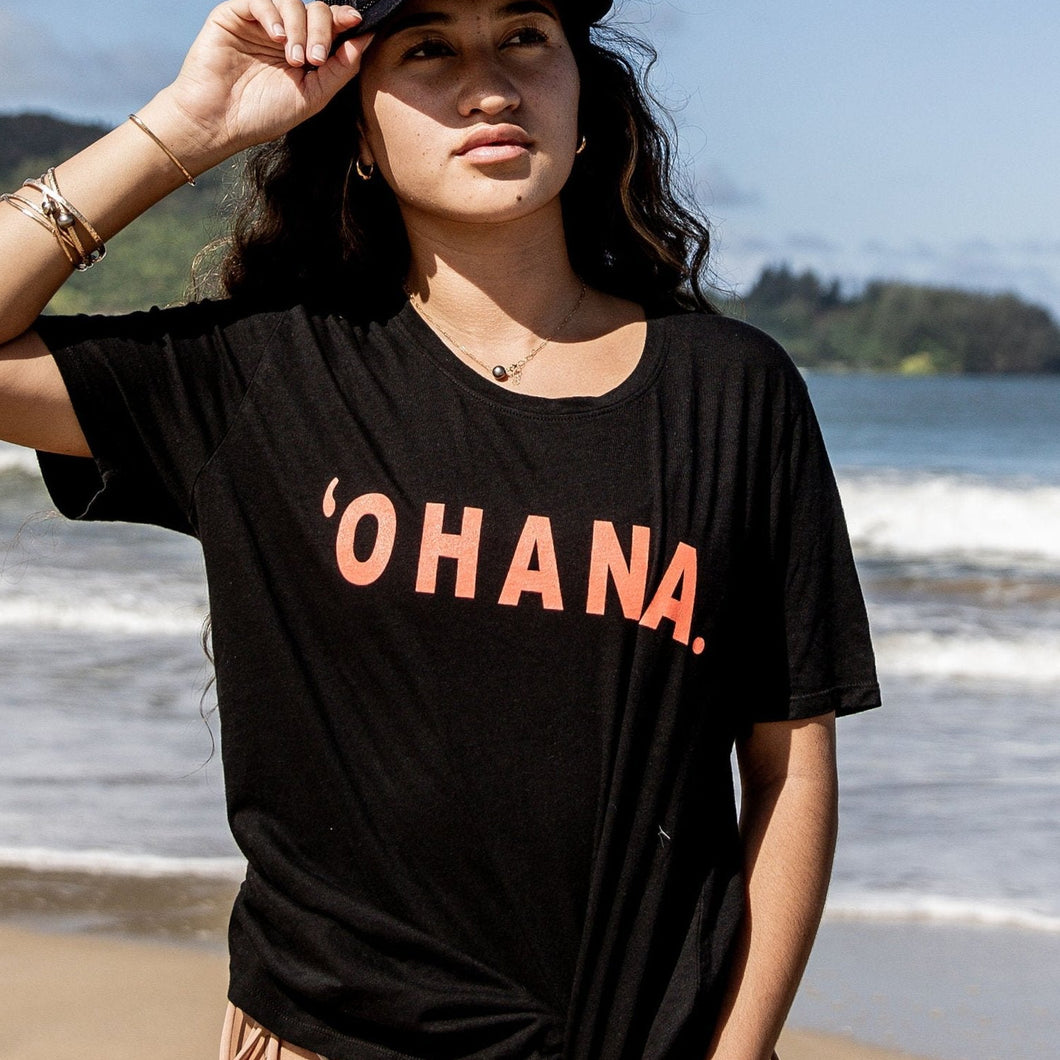 'OHANA Women's Basic Tee Black/Neon Coral