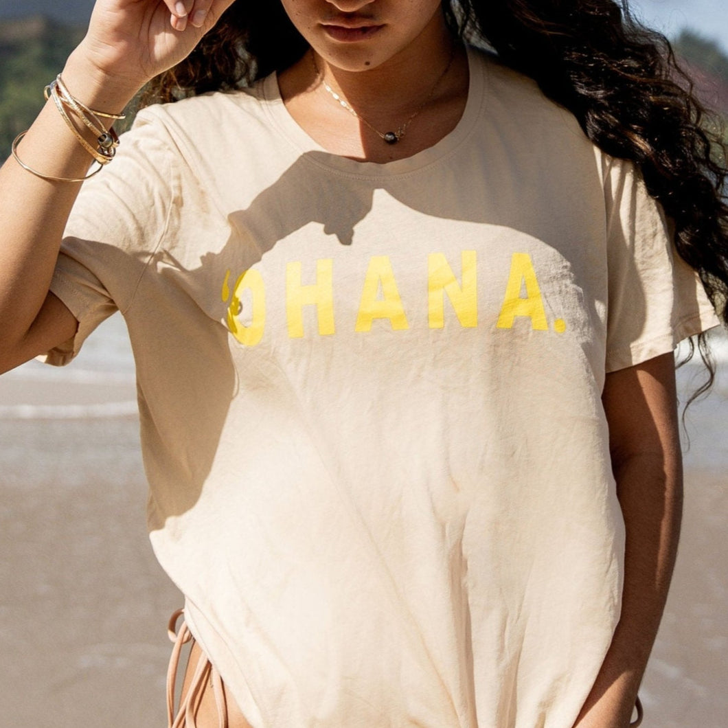 'OHANA Women's Basic Tee Tan/Neon Yellow