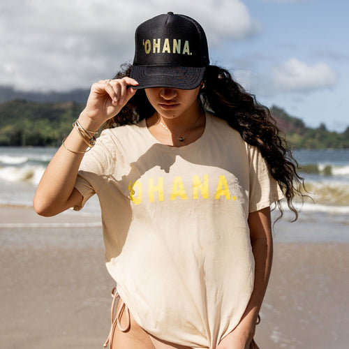 'OHANA Women's Basic Tee Tan/Neon Yellow