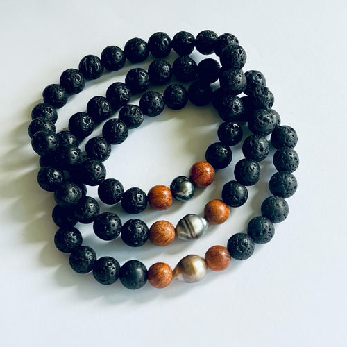 No'i Men Lava Rock Sandalwood Pearl Bracelet