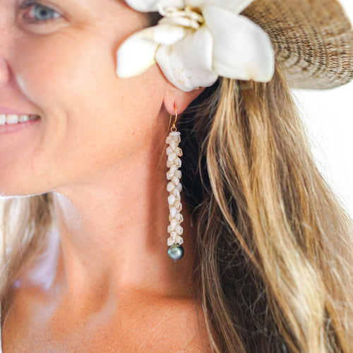 Ni'ihau Momi Shell Earrings with Tahitian Pearls