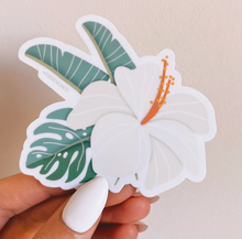 White Hibiscus and Tropical Leaves Sticker