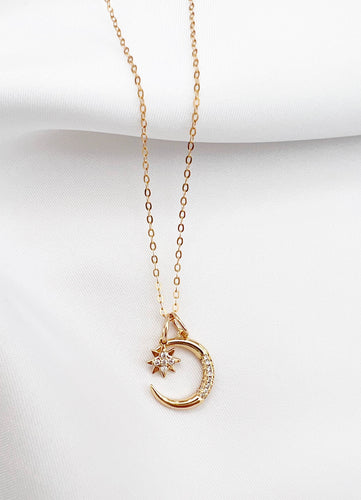 Night Sky Moon and Star Charm Necklace 4-in-1 Gold Filled