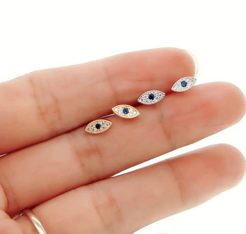 Mini Gold Evil Eye Stud Earrings with Sapphire Zircon
